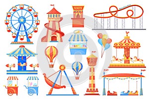 Fairground attractions. Carnival carousel and adult attraction on festival amusement park, fantasy swing rollercoaster