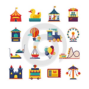 Fairground games and amusement park flat vector icons photo