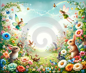 Fairies and Animals in a Magical Flower Garden
