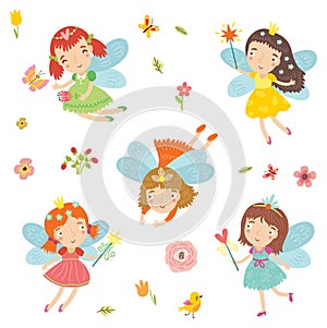 The fairies. Cute floral fairies vector set