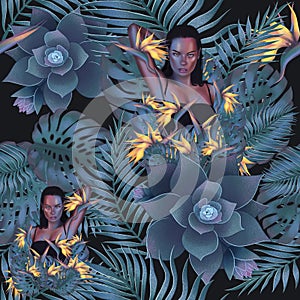 Fairies of Flowers for fabric design. Beautiful tropical flowers with girl, digital illustration,3-d rendering