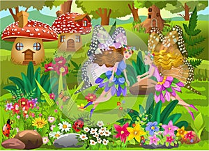 Fairies flying in a magic fairy tale landscape with mushroom houses and beautiful flowers