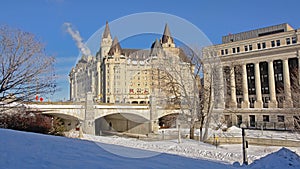 Fairmont ChÃÂ¢teau Laurier castle on a winter day with snow in Ottawa, capital of Canada