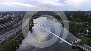 Fairmount Dam in Philadelphia. Schuylkill River and Martin Luther King Jr Dr and Boathouse Row in background. Pennsylvania