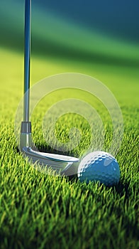 Fairway focus Golf club and ball showcased on green turf