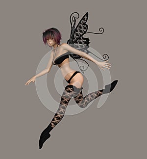 Dark Gothic Fairy Character In Black Lace Wings