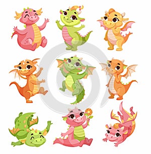 Fairy Baby Dragon as Winged and Horned Legendary Creature Vector Illustration Set