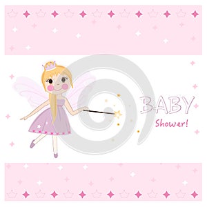 Fairy baby shower greeting card with crown, diamonds vector