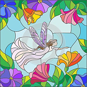 Fairy on a background of leaves and flowers, stained glass style
