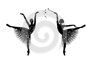 Fairy ballerina with magic wand and starry tutu vector silhouette outline