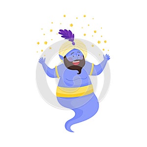 Fairy Bearded Jinn Character in Turban with Feather Performing Miracles Vector Illustration