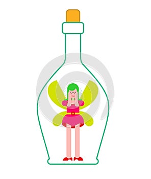 Fairy in bottle. Little magical woman captive in jar. Tiny creature with wings. Flying Mythical fabulous character and magic wand