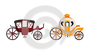 Fairy Brougham Set, Wedding or Royal Vintage Carriage Flat Vector Illustration