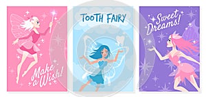 Fairy card. Cute little tooth fairy, with magic wand make wish for fabric print on kids wear, girly vector concepts