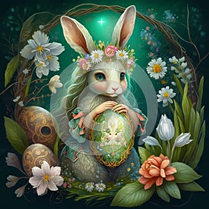 Fairy cartoon easter bunny in wreath with pysanka egg
