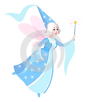 Fairy character. Pretty winged girl with magic wand