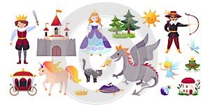 Fairy characters. Tale with cartoon king and queen. Unicorn or dragon. Medieval castle. Prince and princess. Horse with coach.