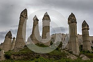 Fairy chimneys dominate the landscape in Love Valley near Goreme in the Cappadocia region of Turkey.