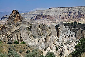 Fairy chimneys panorama against a bright blue sky- Cappadocia