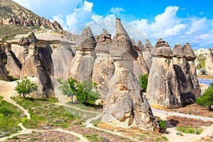 Fairy chimneys rock formations in Pasabag valley in Cappadocia, Turkey. Popular tourist destination in Turkey