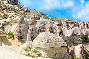 Fairy chimneys rock formations in Pasabag valley in Cappadocia, Turkey. Popular tourist destination in Turkey