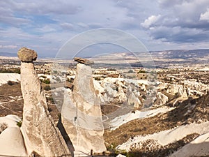 Fairy chimneys rocks at the valley near Urgup, Cappadocia, Turkey