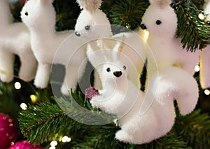 Fairy christmas tree toy white squirrel small sitting on a spruce branch holding a bumpkin on the background