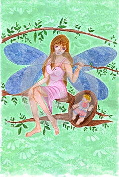 Fairy with the dark blue wings and child