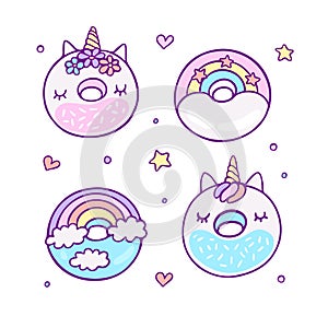 Fairy dessert with unicorn rainbow donuts color icons set