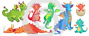 Fairy dragons. Funny fairytale dragon, cute magic lizard with wings and baby fire breathing serpent cartoon isolated