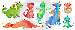 Fairy dragons. Funny fairytale dragon, cute magic lizard with wings and baby fire breathing serpent cartoon isolated photo