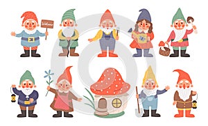 Fairy dwarf. Cartoon gnome characters with funny hats. Little magical bearded midgets. Isolated fictional lilliputians