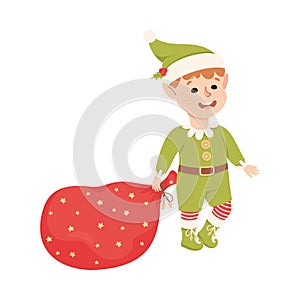 Fairy Elf in Green Hat and Red Stocking Carrying Sack with Gifts Vector Illustration