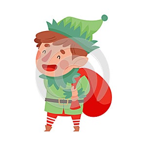 Fairy Elf in Green Hat and Red Stocking Carrying Sack with Gifts Vector Illustration