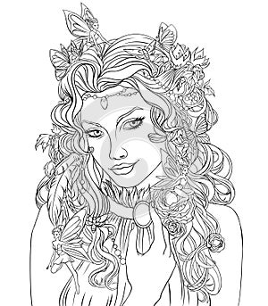 Fairy Fairy coloring page. Fairytale character of a fairy, princess of the forest.