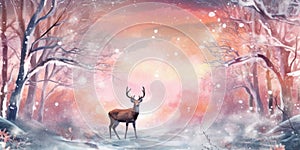 Fairy fantasy pink winter snowy forest during snowfall with deer on middle. Christmas banner.