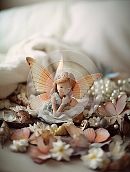 A fairy figurine sitting on a bed of flowers. AI generative image