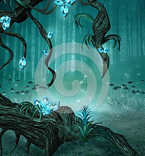 Fairy forest background with an old trunk and fantasy azure gems