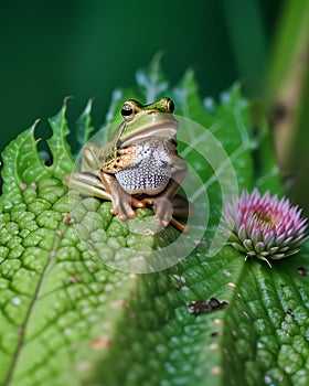 Fairy Frog sitting on the green grass. Generative AI illustration based on on a real photo