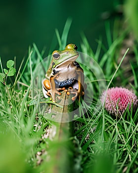 Fairy Frog sitting on the green grass. Generative AI illustration based on on a real photo