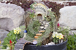 Fairy garden in a flower pot outdoors