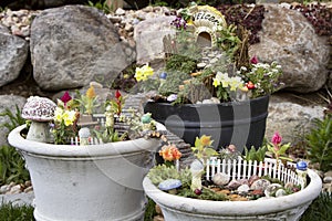 Fairy garden in a flower pot outdoors