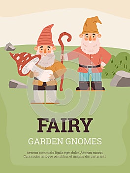 Fairy garden gnomes card with cute characters, flat vector illustration.