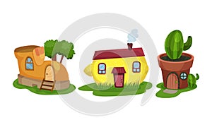 Fairy Garden Houses Rested on Green Lawn Vector Set