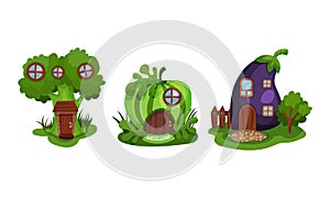 Fairy Garden Houses Rested on Green Lawn Vector Set