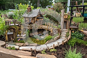 fairy garden with whimsical structures, hidden nooks, and magical touches