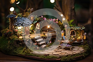 fairy garden with whimsical structures and magical elements, including glittering lights and miniature figurines