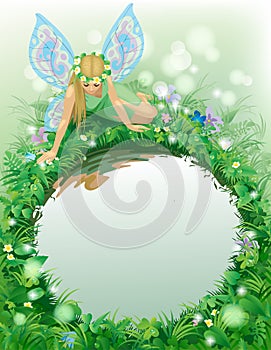 Fairy girl with blue wings seated near the round pond bordered b