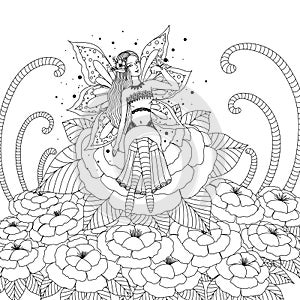 Fairy girl playing with butterfly in the flower forest design for coloring book for both adult and children