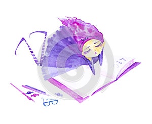 Fairy girl in a purple dress and striped stockings,with purple hair developing in the wind.Lying dreaming and reading a book .